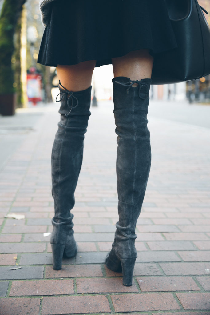 black flounce skirt, stuart weitzman highland boot