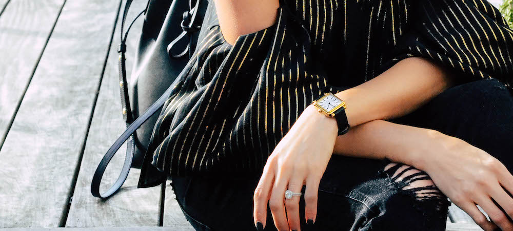 THE GREY EDIT // Zara OTS Gold Stripe + Zara Fringe Denim + Louboutin So Kate + Mansur Gavriel Bucket Bag