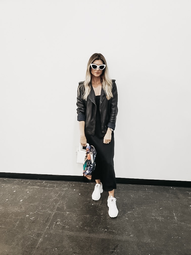 The Grey Edit-NYFW Daily Outfits-Black Slipdress-Leather Jacket-Chunky Sneakers