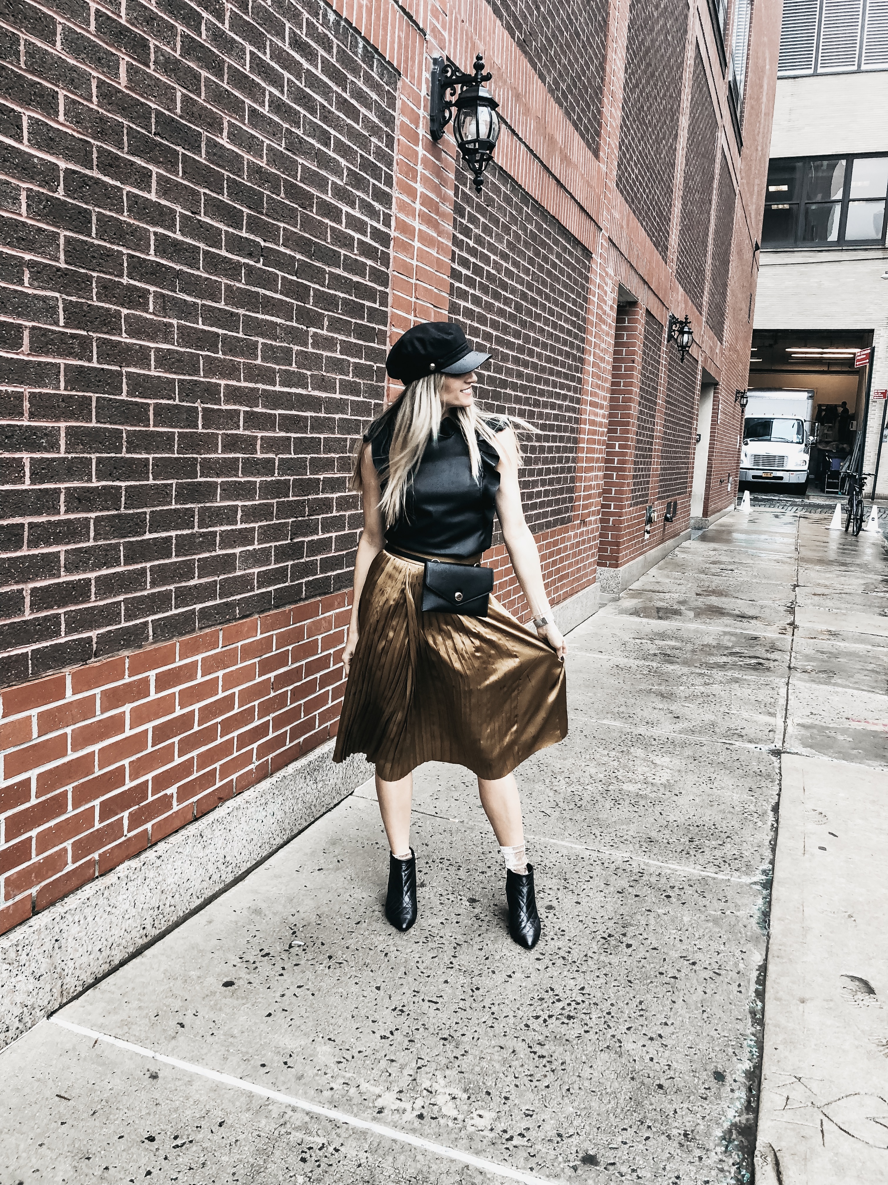 The Grey Edit-NYFW Daily Outfits-Gold Skirt-Leather Top