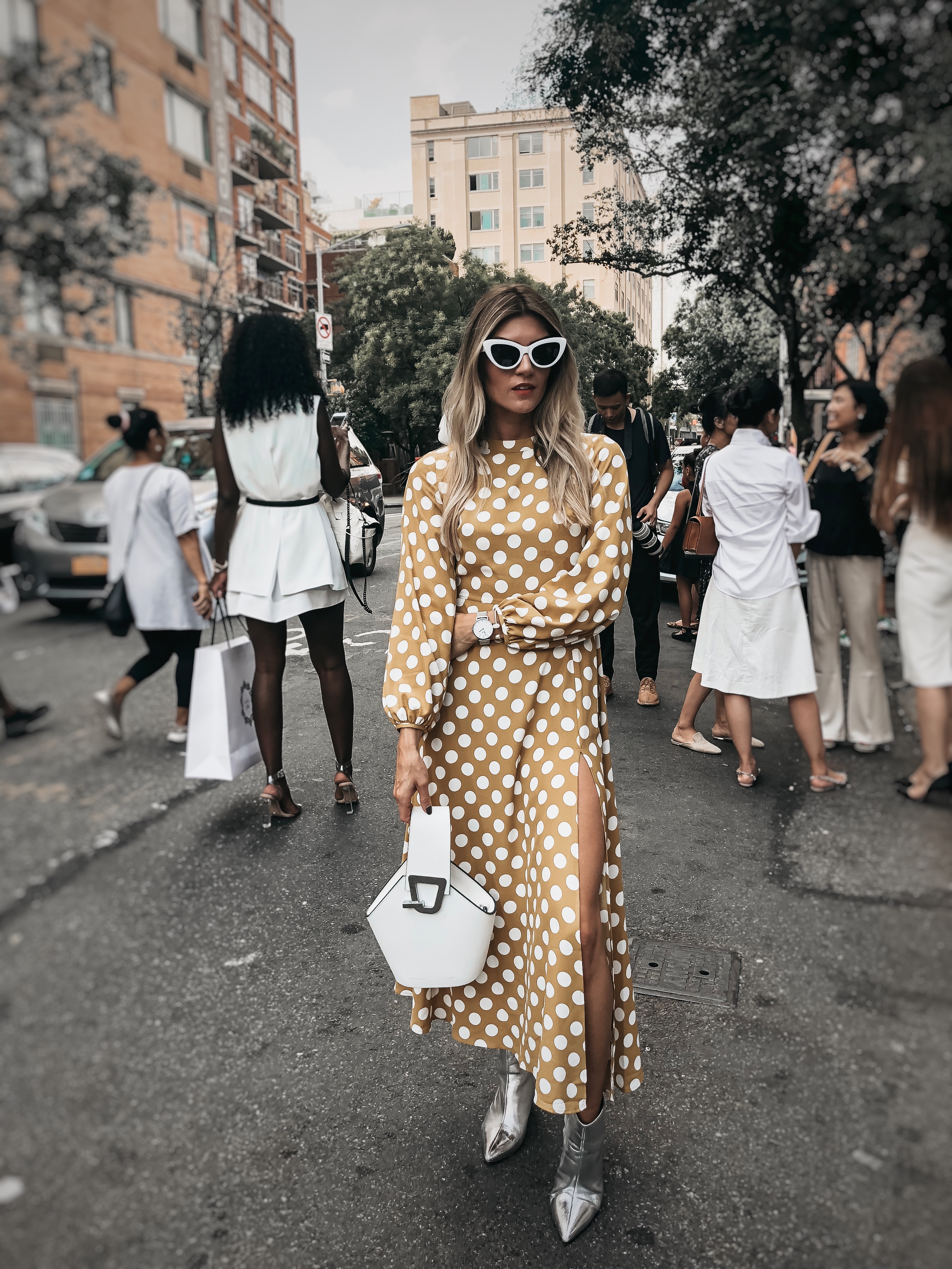 The Grey Edit-NYFW Daily Outfits-Polka Dot Dress-White Accessories