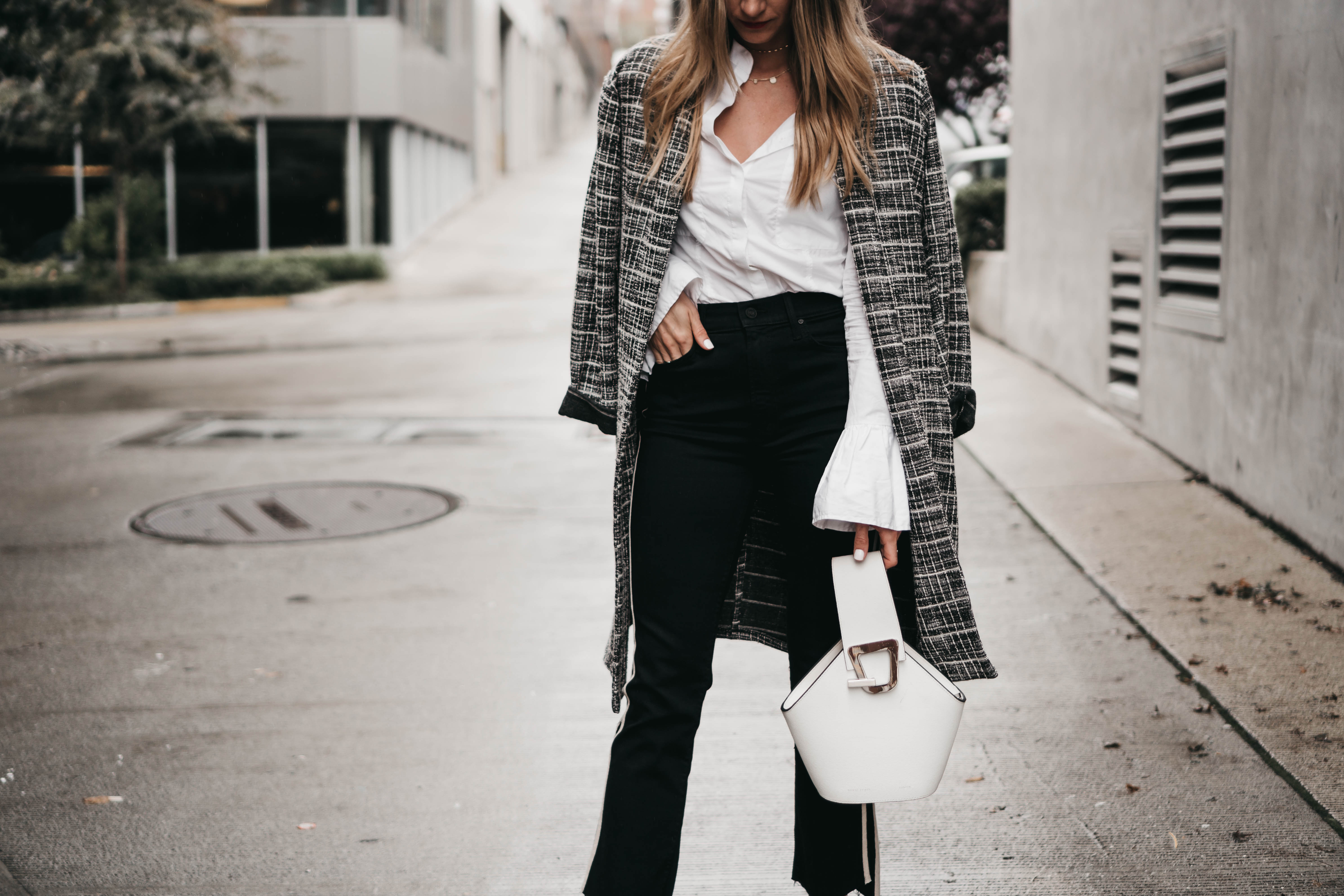 The Grey Edit-Fall Seattle Scenes-Plaid Duster-Striped Denim-Black and White