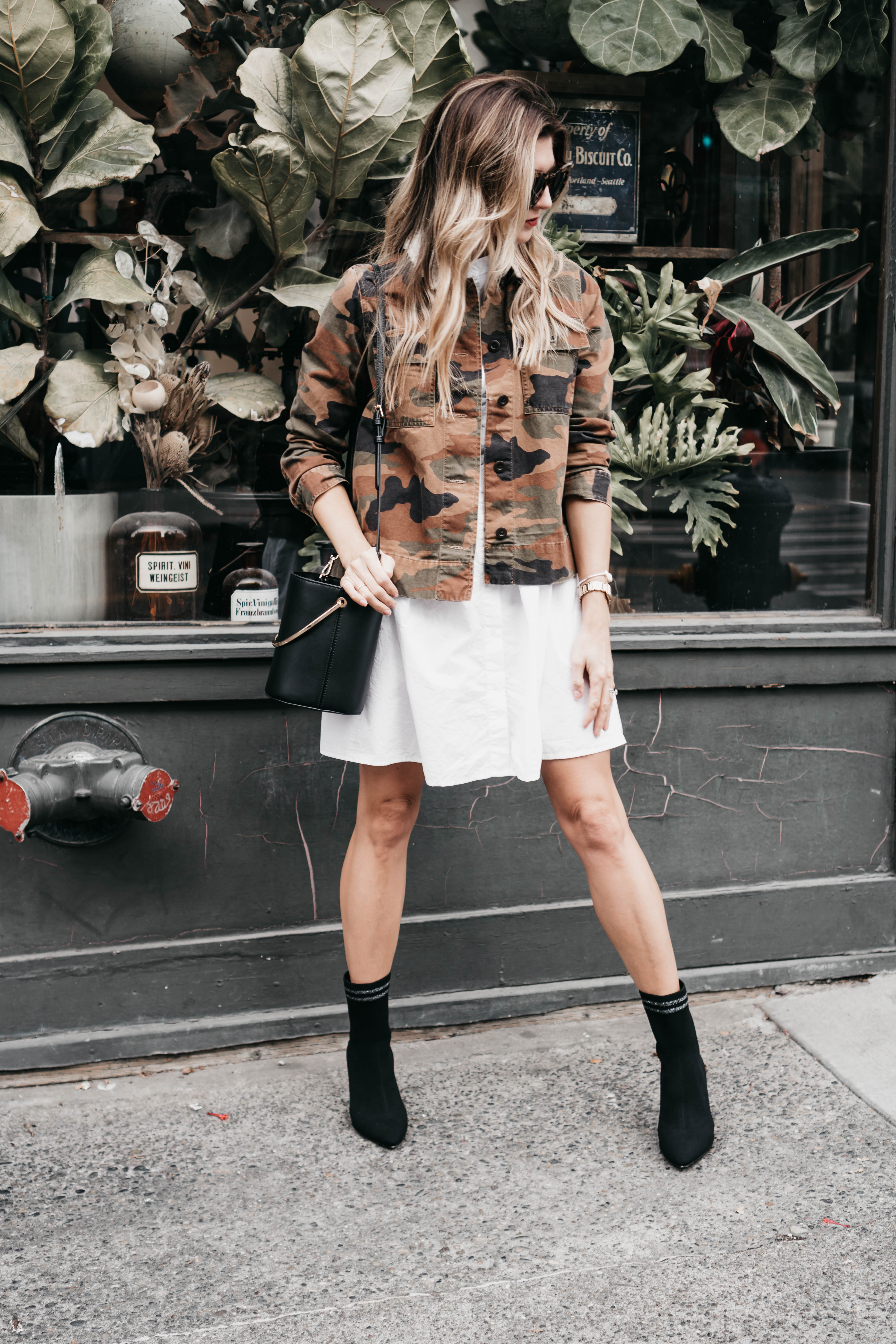 The Grey Edit by Seattle Blogger Cortney Bigelow - Madewell Camo-White Shirtdress-Sock Booties