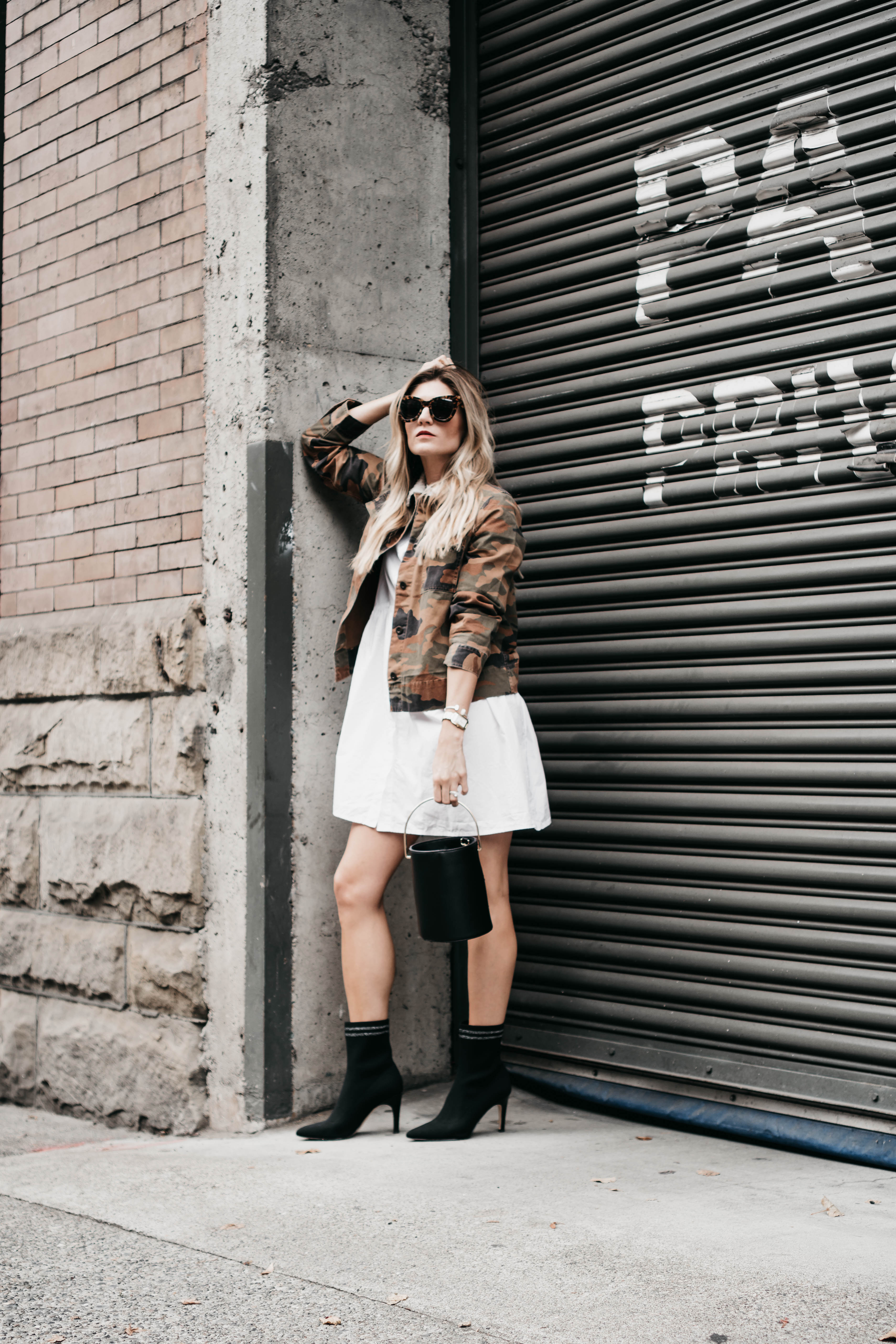 The Grey Edit by Seattle Blogger Cortney Bigelow - Madewell Camo-White Shirtdress-Sock Booties