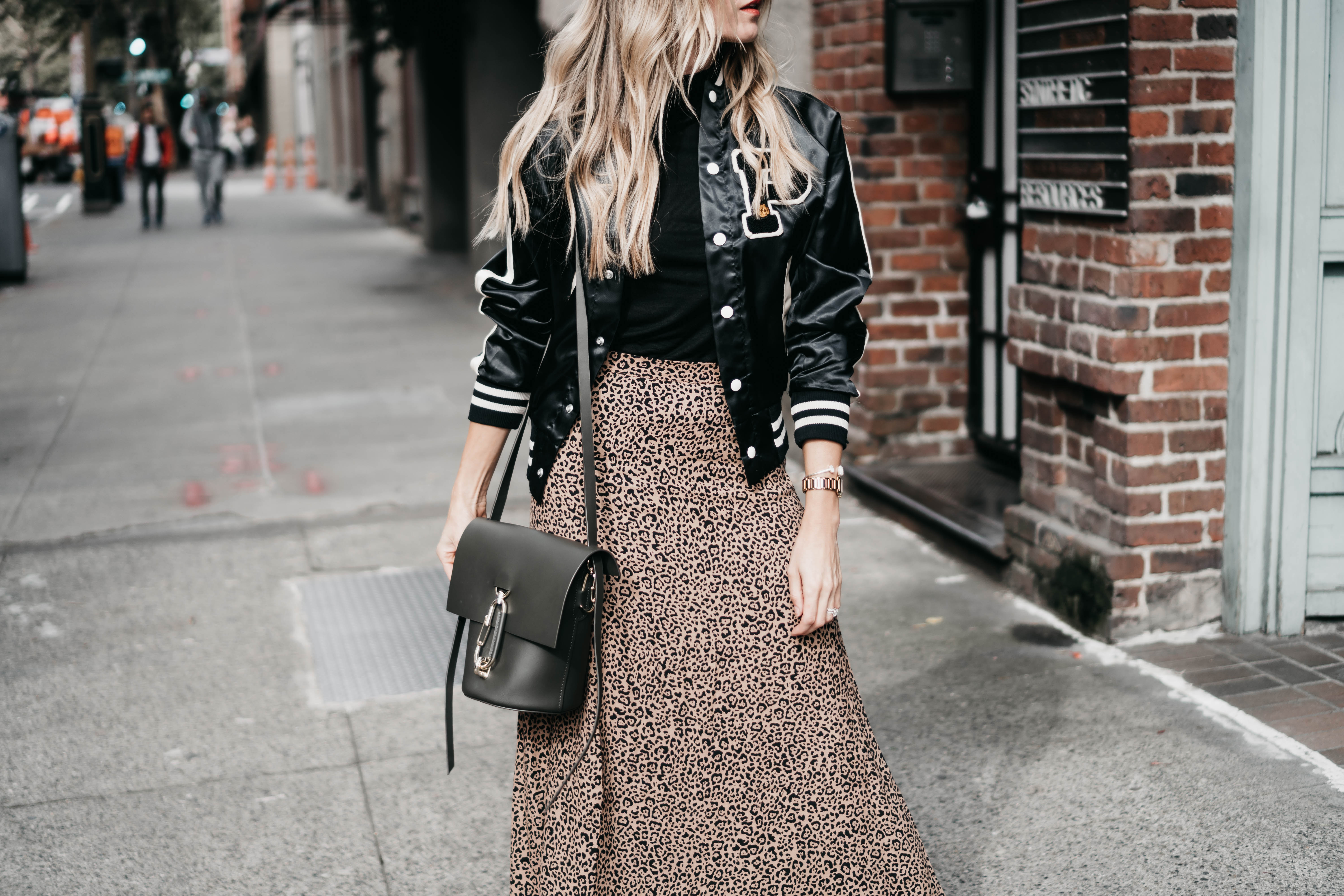 The Grey Edit-Reformation Leopard Skirt-Vintage Varsity Jacket-Zac Zac Posen-PVC Mules