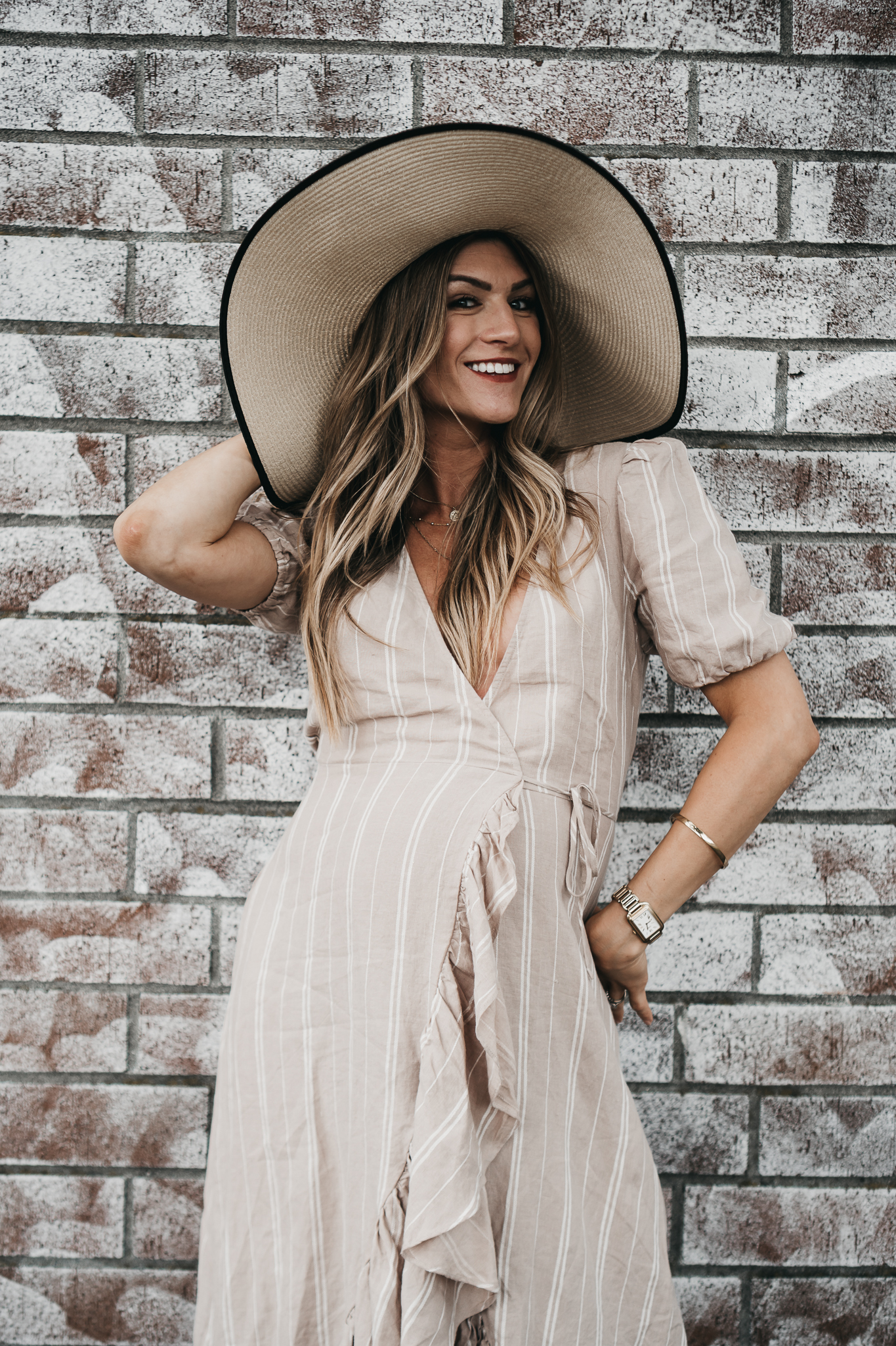 Cortney Bigelow of The Grey Edit - Fremont Parking Lot -Summer Style - Stories Striped Linen Wrap Dress - AUrate Ring - Wide Brim Hat