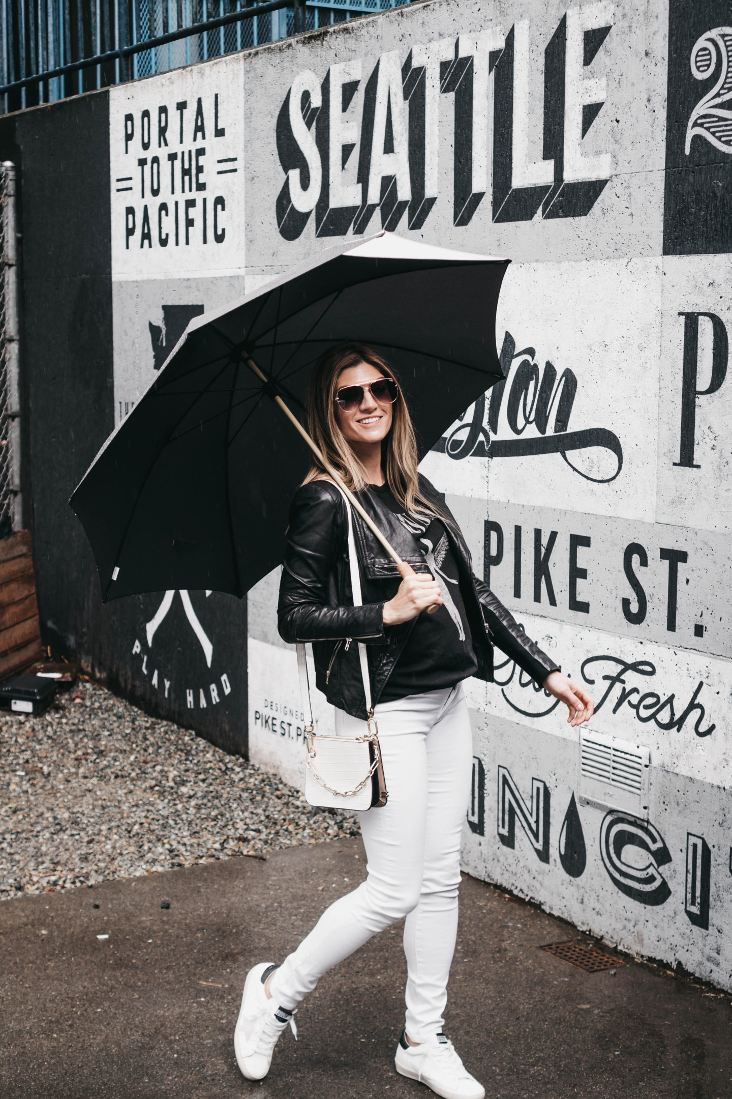 Seattle Blogger Cortney Bigelow of The Grey Edit - Spring April Shower - Nirvana Tee - Golden Goose Sneakers - Leather Jacket - Certain Standard Umbrella