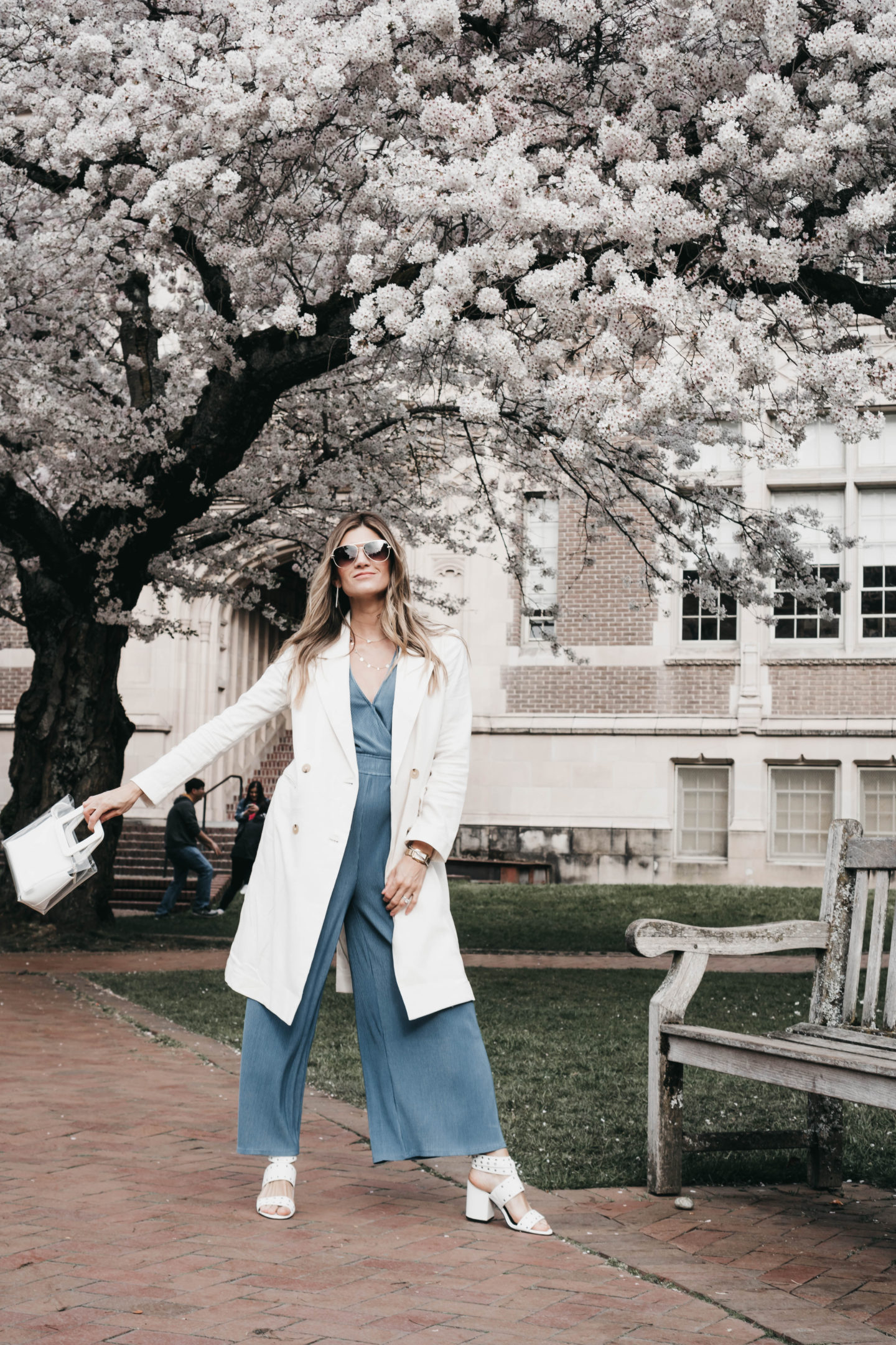 Seattle Blogger Cortney Bigelow of The Grey Edit - Spring Style - UW Quad - Cherry Blossoms - Blue Jumpsuit - Linen Jacket - Outfit
