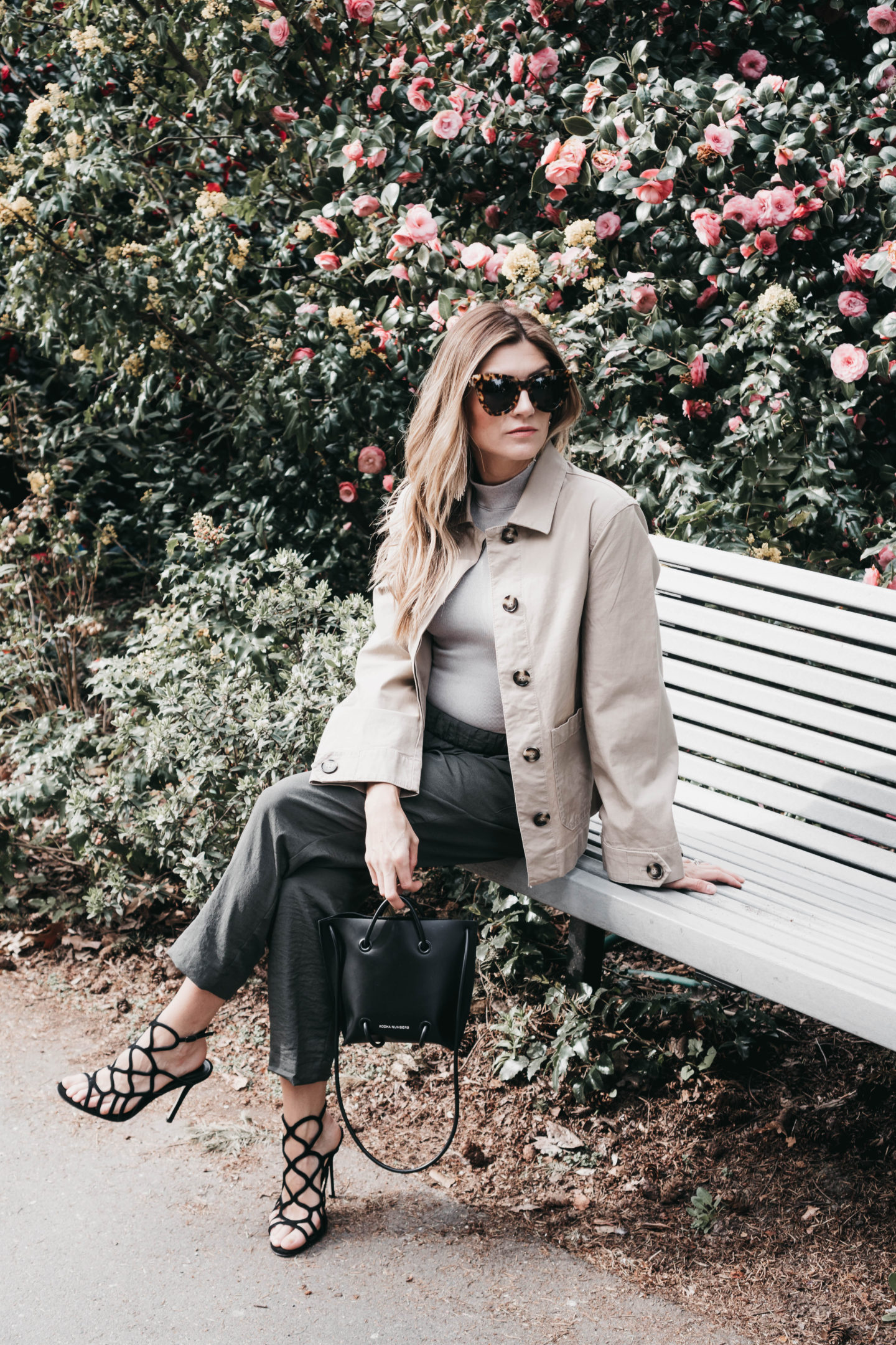 Cortney Bigelow of The Grey Edit - Spring Trend to Watch Utility Wear - featuring H&M - spring rose blooms