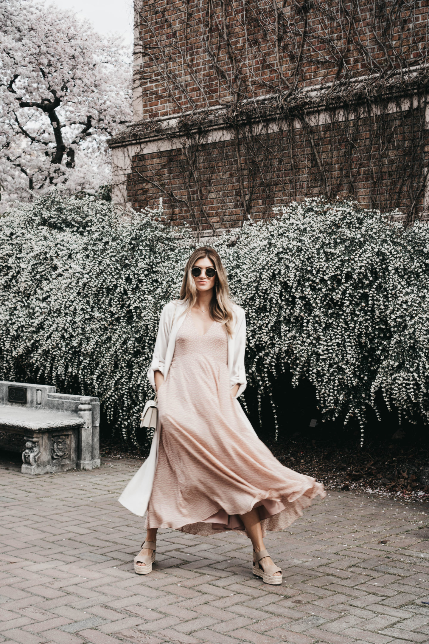 Seattle Blogger Cortney Bigelow of The Grey Edit - Spring Cherry Blossoms - UW Quad - Hatch Collection Maya Dress - Franco Sarto Espadrilles-
