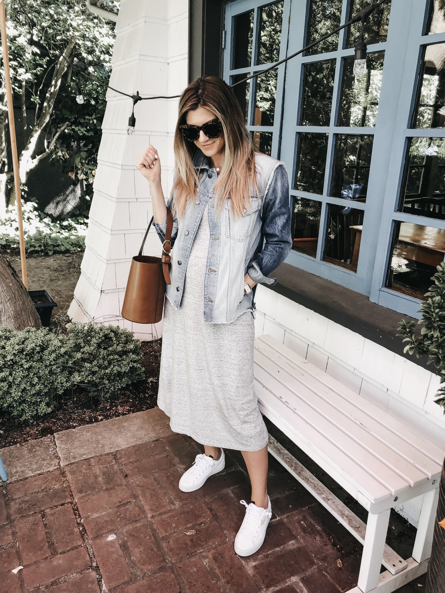 The Grey Edit - Style Blogger - Uniqlo T-shirt Dress - Denim Jacket - White Sneakers - Leather Bucket Bag - Daily Look - OOTD