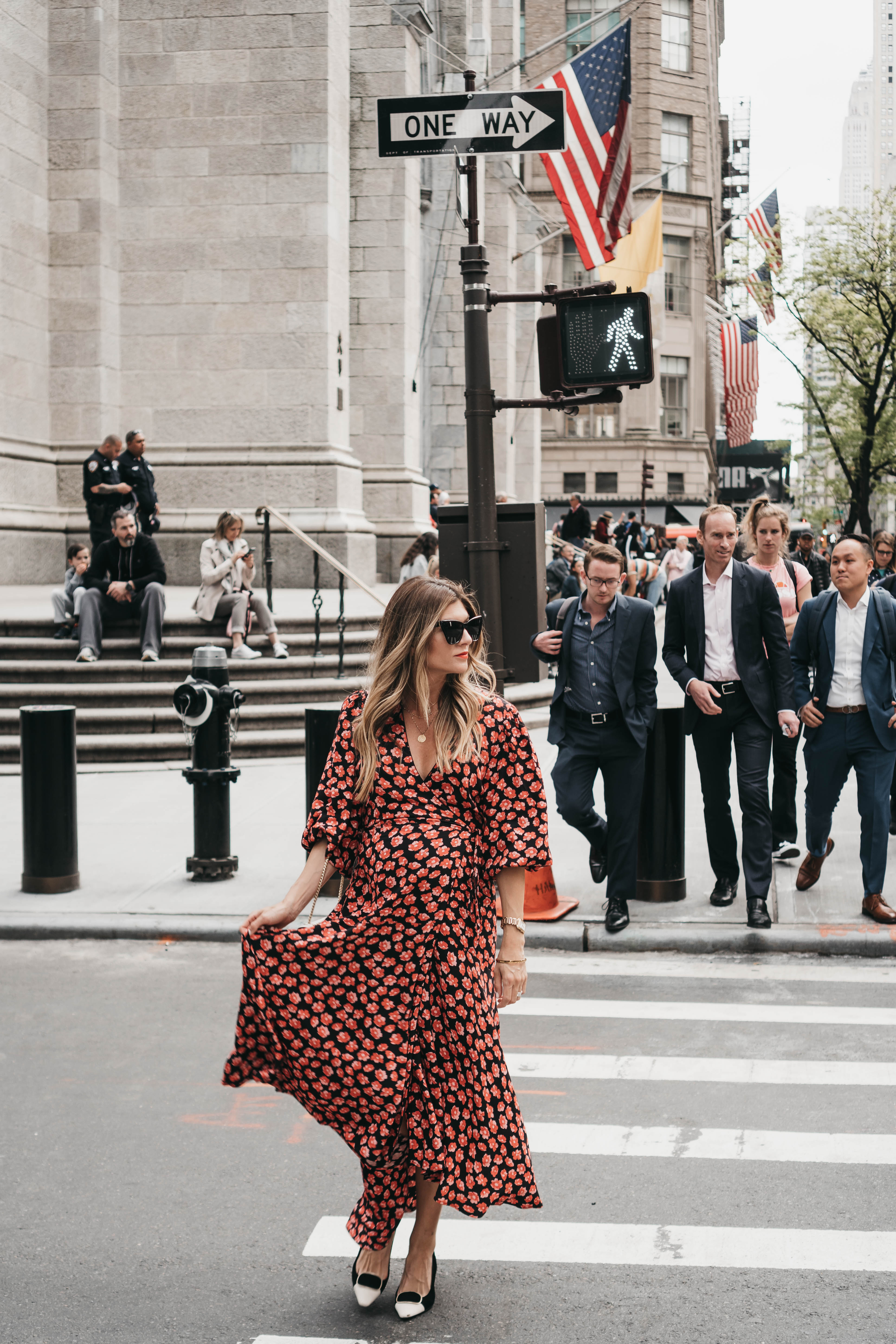 The Grey Edit - NYC Babymoon May- Ganni Red Floral Wrap Dress - 31 Weeks Pregnant - Midtown Manhattan Fifth Avenue