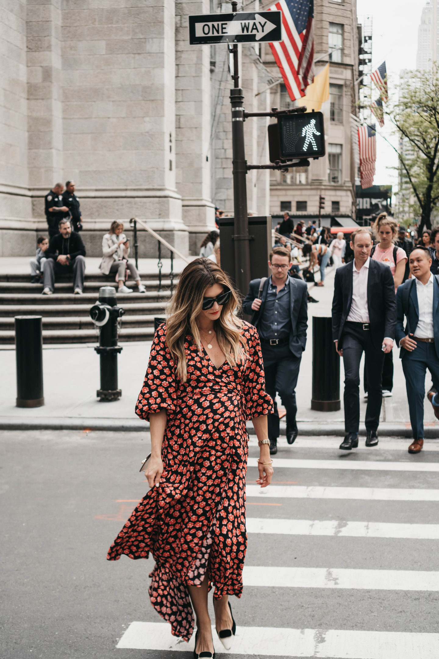 The Grey Edit - NYC Babymoon May- Ganni Red Floral Wrap Dress - 31 Weeks Pregnant - Midtown Manhattan Fifth Avenue