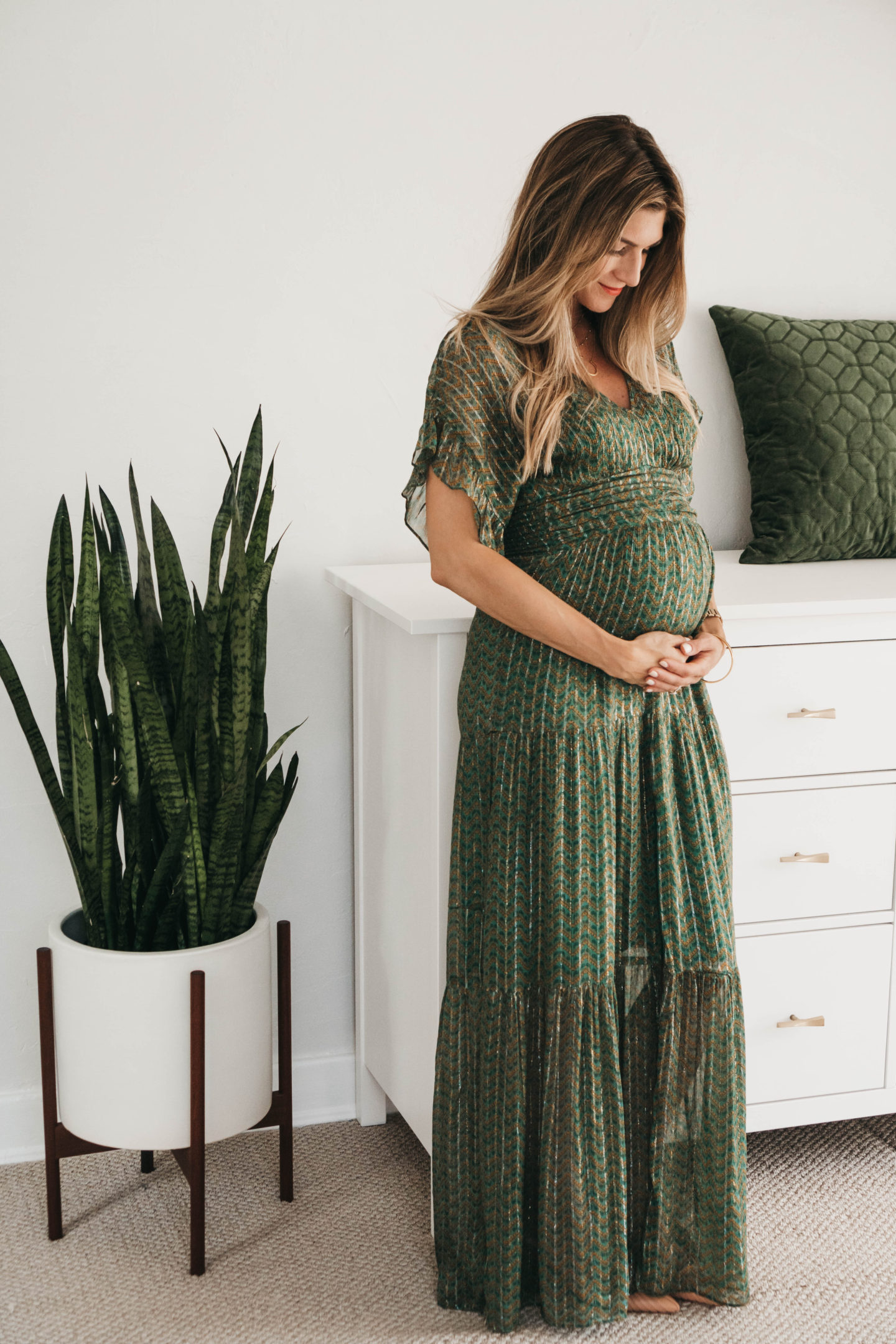 The Grey Edit - Seattle Blogger Cortney Bigelow - Baby Shower Outfit - Ba&sh Emerald Green Metallic Dress + Cult Gaia Mules - Baby Nursery Teaser