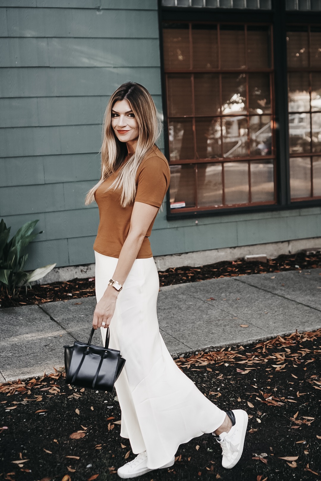 The Grey Edit - & Other Stories Satin Midi Skirt - H&M Tee - Golden Goose Sneakers - Mini Tote Bag - Fall Style