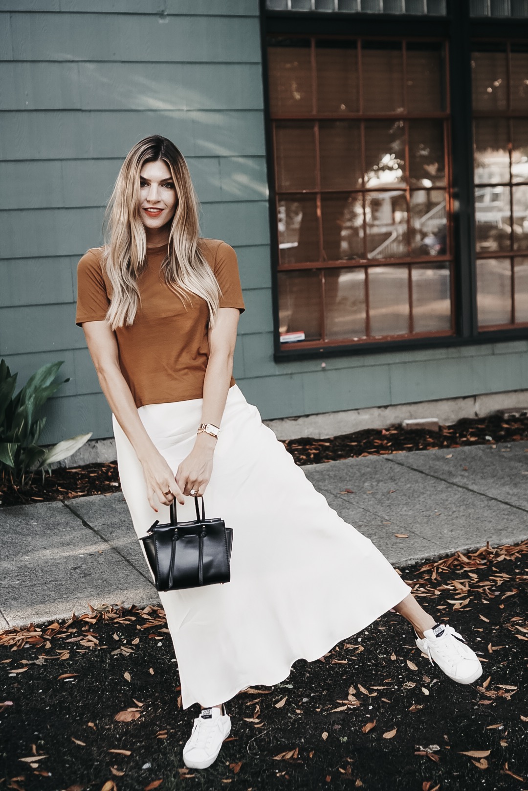 The Grey Edit - & Other Stories Satin Midi Skirt - H&M Tee - Golden Goose Sneakers - Mini Tote Bag - Fall Style