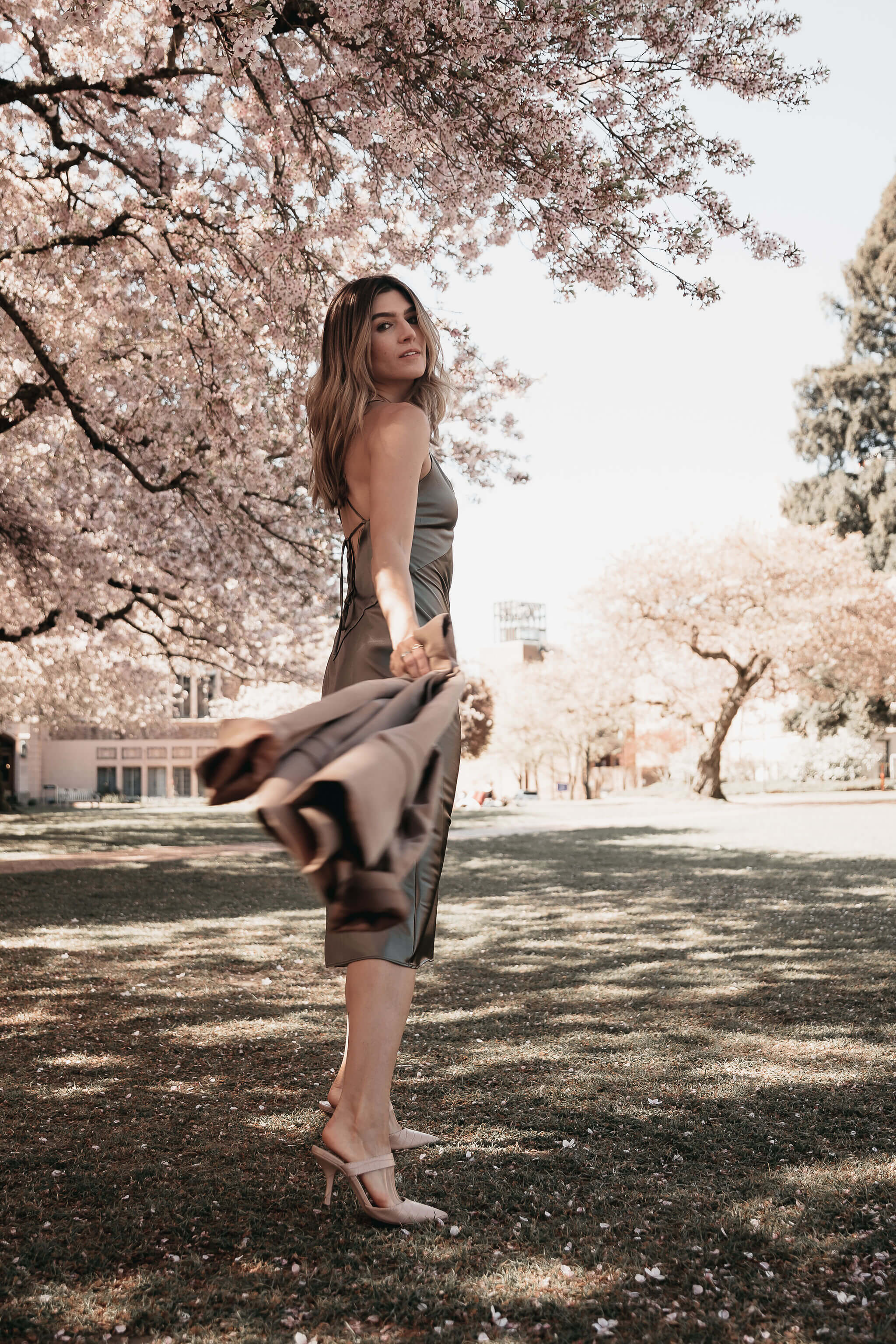 The Grey Edit - Cortney Bigelow - Seattle Lifestyle Blogger - Grace Loves Lace Silky Satin Midi - UW Cherry Blossoms