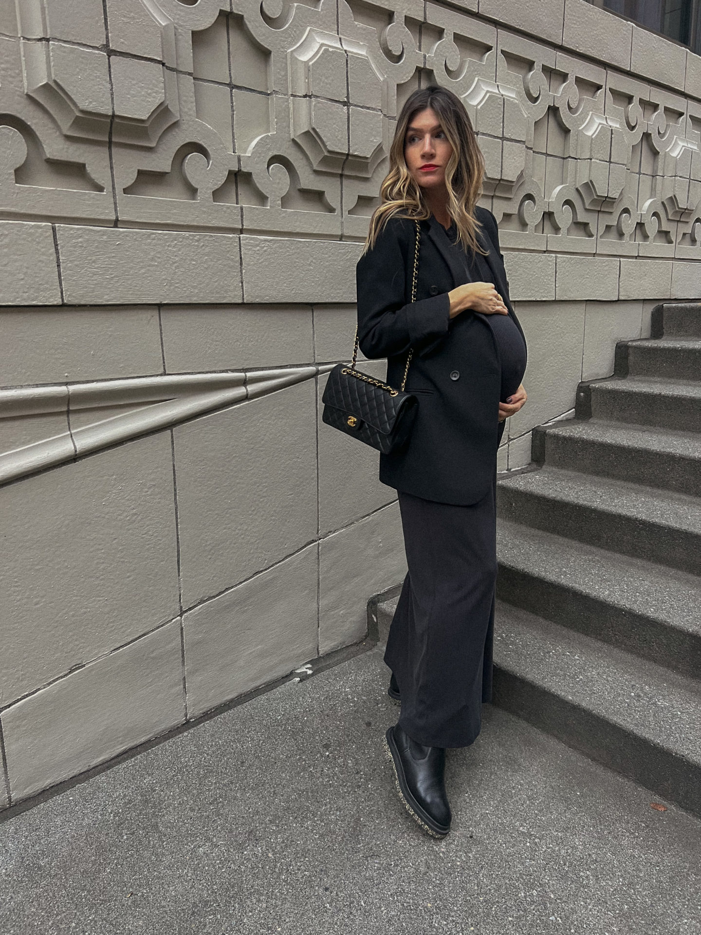 the grey edit - cortney bigelow - wednesday addams style - all black outfit - nine months pregnant - chanel classic flap bag