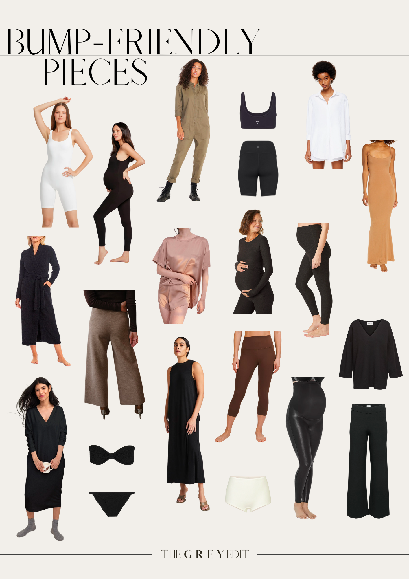 the grey edit product collage - bump-friendly pieces during pregnancy